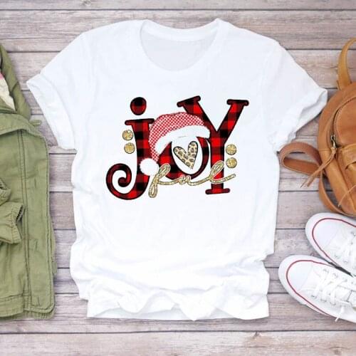 Female Top T Shirt Ladies Tee T-Shirt Women Plaid Joy Happy New Year Trend Merry Christmas Print Tshirts Clothes Graphic