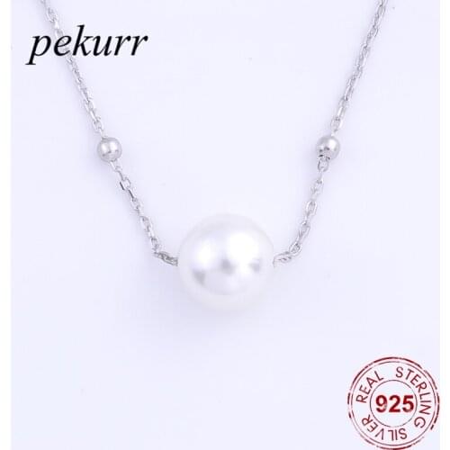 Pekurr 925 Sterling Silver 16 Pieces Silver Beads & 10mm Big Round White Pearl Women Necklace Pendant Fine Jewelry