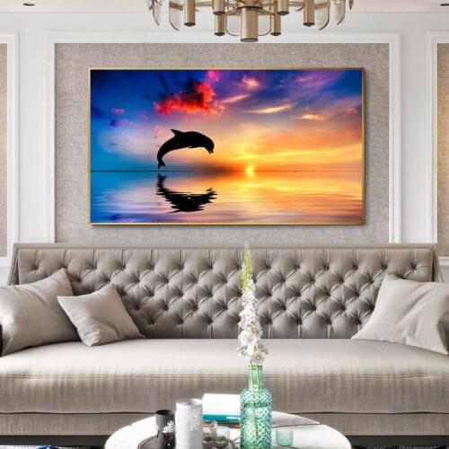 Animals Dolphin Sunset Seascape Art Canvas Painting on The Wall Natural Landscape Posters and Prints Wall Picture for Living Roo