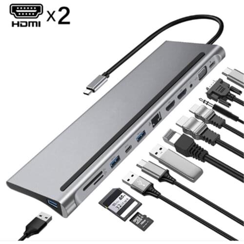 12 in 1 Type-c to Dual HDMI-compatible/VGA/USB 3.0 Hub/PD/RJ/Micro-SD/TF Card Dock Adapter