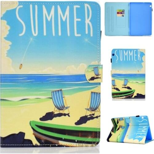 For Huawei Mediapad T5 10 10.1" Cute Case Elephant Panda Cat Owl Butterfly Book Shelf Tower Beach Summer Tree Painting Cover