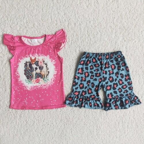 Summer Baby Girls Boutique Children Clothes Milk Cow Chick Hot Pink Shirt Blue Leopard Shorts Kids Clothing