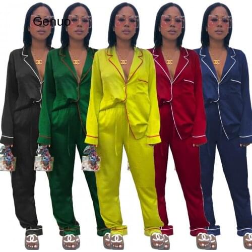 Long Sleeve Single-breasted Elegant Pants Suit Satin Womens Suits Loose Female Deep V Shirt +straight Pants 2 Piece Set Outfits