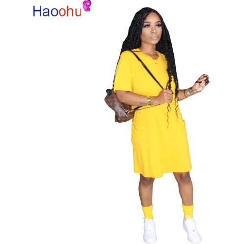 HAOOHU cotton T Shirt Dress Women Round Neck Short Sleeve Loose Mini Dress Summer Pocket Night Club Party Dress