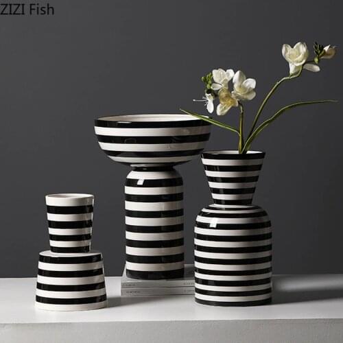 Classic Black and White Striped Ceramic Vase Flower Arrangement Container Porcelain Hydroponic Vase Flower Pot Home Decoration