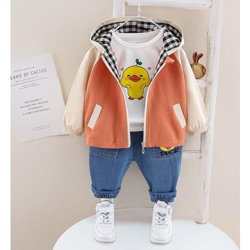 Baby Boy Clothing Set 2021 New Spring Autumn Kids Plaid Zipper Hoodies Jacket +Cartoon Duck T-shirt+Denim Pants Toddler Outfits