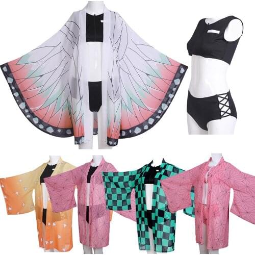 3 PCS Demon Slayer Shinobu Kocho Kimetsu no Yaiba Kochou Shinobu Swimsuit Kimono Cosplay Costume Summer Zenitsu Bikini Beach Set
