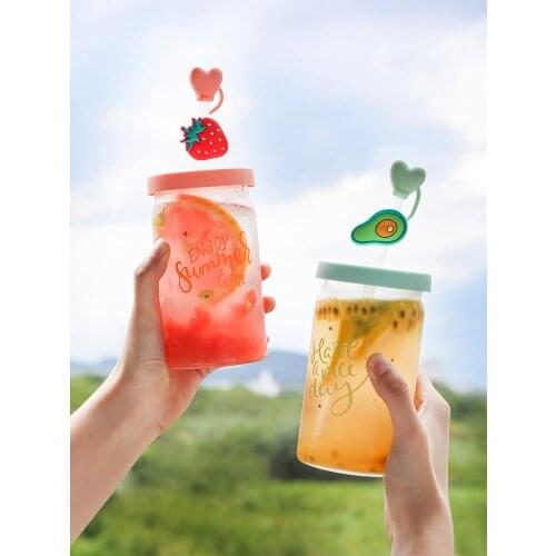 Cute Glass Cup Ins Popular Strawberry Avocado Straw Summer Home Use Drinkware Silicone Lid 500ML