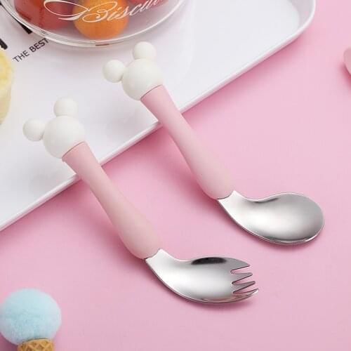 Cute Cartoon Stainless Steel Non-slip Training Tableware Cutlery Elbow Fork Spoon Set Solid Food Feeding for Kids Children Gift