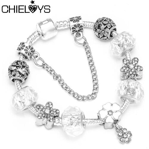 Fashion Flower & Crystal Glass Beads Bracelets With Silver Color Snake Chain Charm Bracelets For Wmen Jewelry Gift Dropshipping