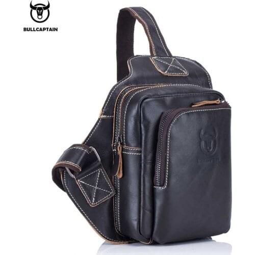 BULLCAPTAIN mens first layer cowhide chest casual sports personality practical retro fashion messenger bag