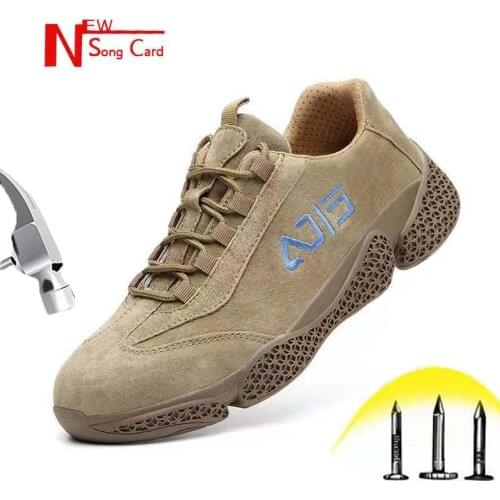 New song card men leather indestructible stab-resistant safety work shoes Outdoor cap toe steel Construction plus size sneakers
