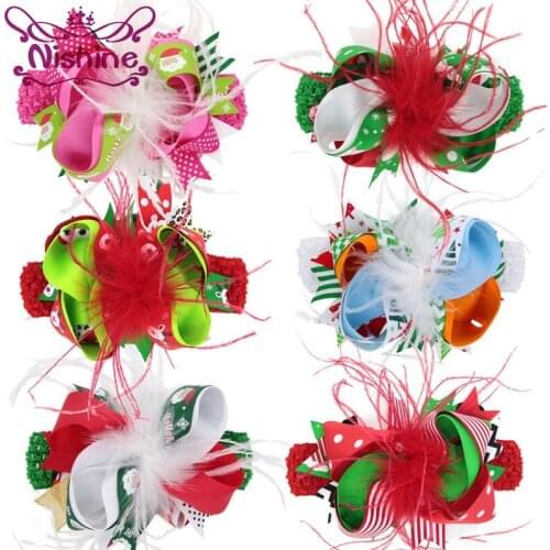 Nishine 10pcs/lot Girls Flower Elastic Crochet Headband Children Feather Ribbon Hair Bows Clips Christmas Hair Accessories