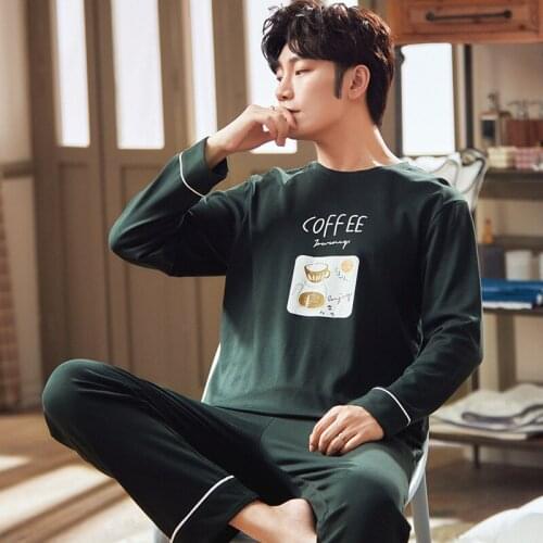 Autumn Winter Long Sleeve Warm Men Pijama Cartoon Pajama Set Cotton Men Sleepwear Dark Green Print Sleep Lounge Pajamas Clothing