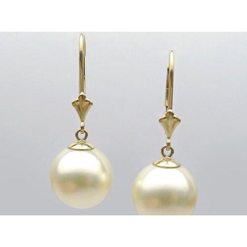 14K Yellow Gold AAA Light Golden South Sea Cultured Pearl Drop Earrings 12MM