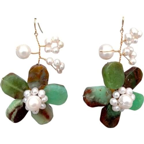 YYGEM Natural Dangle Green Chrysoprase Real White Pearl Wrap Flower Handmade Earrings Ethnic Style for women