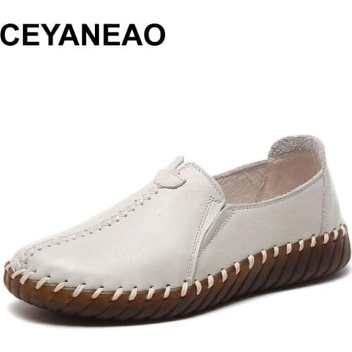 CEYANEAO Single leather shoes woman flat bottom set foot soft bottom non-slip grandmother shoes2020autumn new casual retro shoe