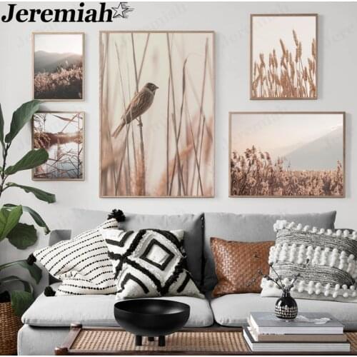 Reed Plant Canvas Painting Bird Wheat Mountains Poster Wall Art Farm Scenery Nordic Home Room Decoration Accessories
