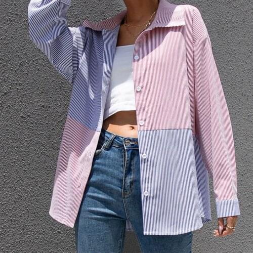 Womens Casual Shirt Autumn And Winter New Striped Colors Stitching Lapel Blouse Top