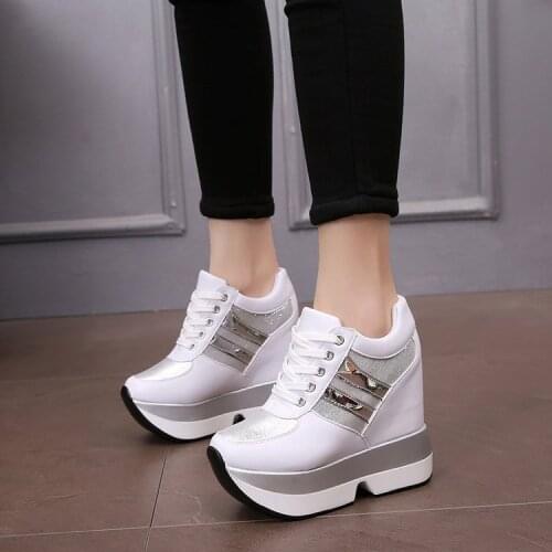 Woman Casual Shoes Platform 2019 Spring Canvas Shoes Wedge 12cm High Heel Sequins Girl White Sneakers Woman Casual Shoes