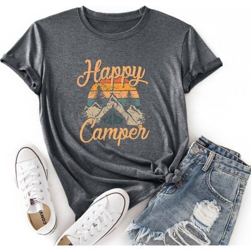 Womens Tops T Shirt Creative Happy Camper Letter Women T-shirt Summer Graphic Funny Tees Print Cotton Tshirt Clothes