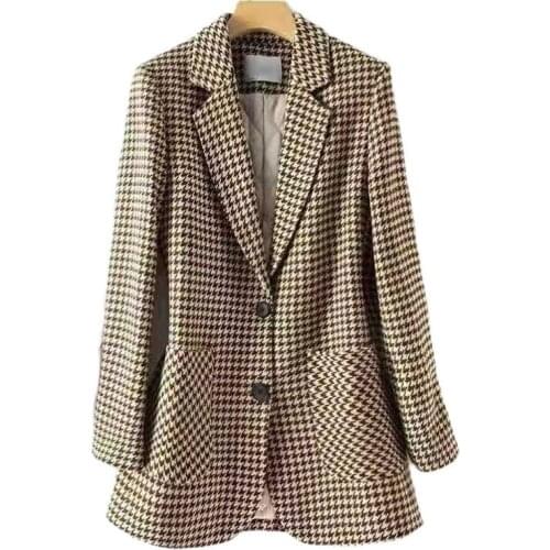 SeeBeautiful Padded Cotton Plaid Loose Blazer Coat Notched Long Sleeve Single Breasted Pocket New Fashion Spring 2021 Women M581