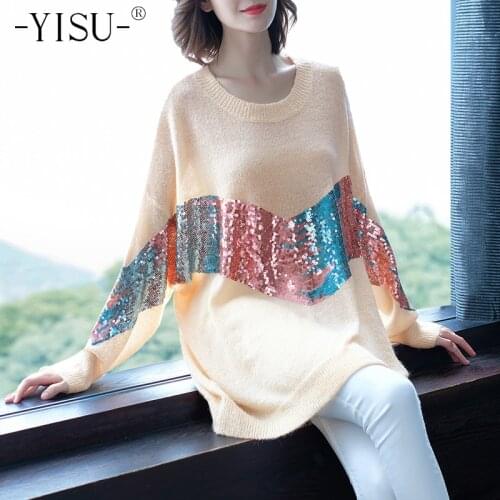 YISU Mohair Sweater Women Fashion Sequin stripes Pullover O neck Long sleeve Sweaters Knitted Oversized Sweater Jumper Womens
