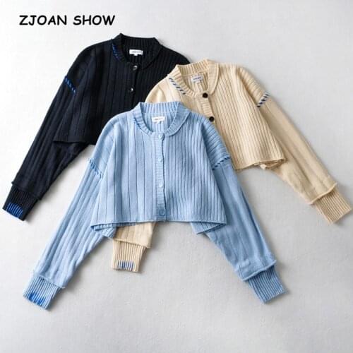 2021 Vintage Oversized Knitting Women Cropped Sweater Center Single-breasted Buttons Hit color Line Long sleeve Jumper Tops