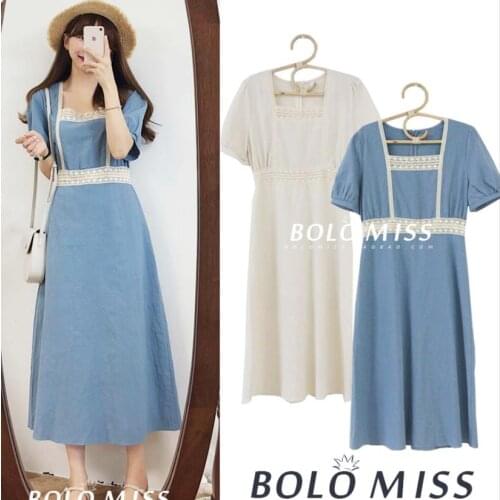 2021 summer Vintage cotton and linen dress women square collar high waist slim lace patchwork dress a-line