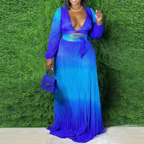 ZJFZML ZZ Women Clothing Two Piece Set Plus Size Gradient Color Long Sleeve Crop Top+pleated Maxi Skirt Dropshipping Wholesale