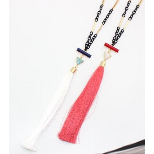 2016 New hot sale bar triangle stone long necklace cute color white green stone red tassel necklaces