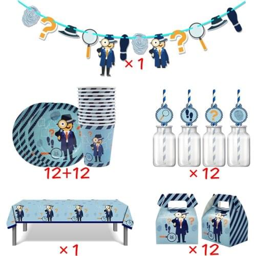 50pcs for 12 Kids Boys Detective Secret Agent Spy Theme Birthday Party Supplies Tableware Set Plate Glass Straw Banner Gift Box