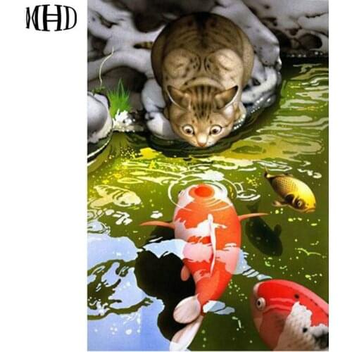 5D DIY Diamond Painting Cat Fish Full & Round Diamond Painting Panther Cross Stitch Rhinestone Home Decor Animal Gifts