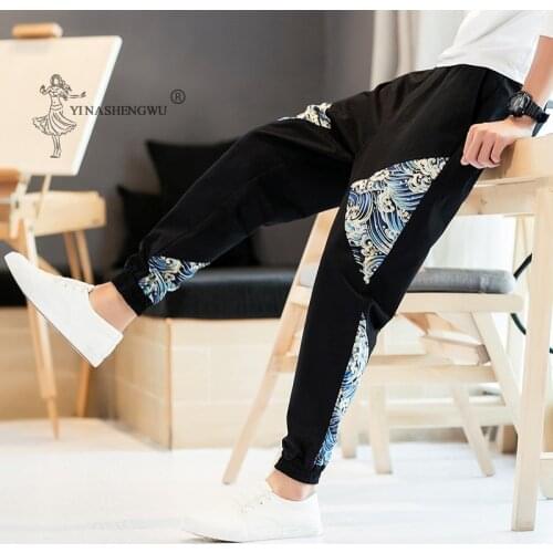 Japanese Casual Kimono Pants Loose Samurai Print Trouser Japan Men Traditional Asian Costume Yukata Style Cotton Linen Clothing