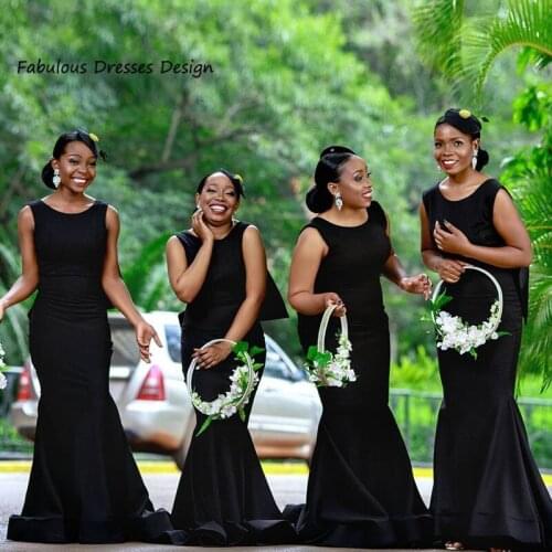 Black O Neck Mermaid Bridesmaid Dresses 2021 Bowknot Sweep Train Long Wedding Party Dress African Robe De Soiree De Mariage
