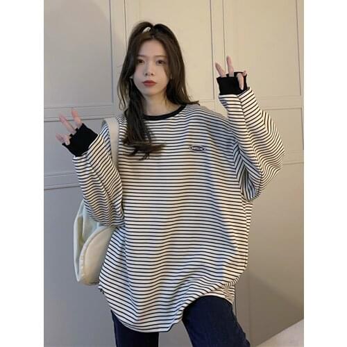 Stripe Full Sleeves T-Shirt Spring Loose Korean Style Tops Fashion Unique Women Letter Popular Casual Elegant White O-Neck Ins
