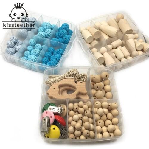 3 Boxed Natural Wood Peg Dolls Round Wooden Beads Mixed Color Pacifier Clip Crochet Beads Creative Freedom DIY Baby Teether Set
