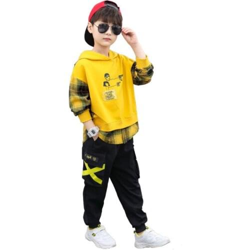 Kids boys spring / autumn suit cartoon printed hooded jacket + pants 2pcs sets of new big virgin suit 4-12 years old