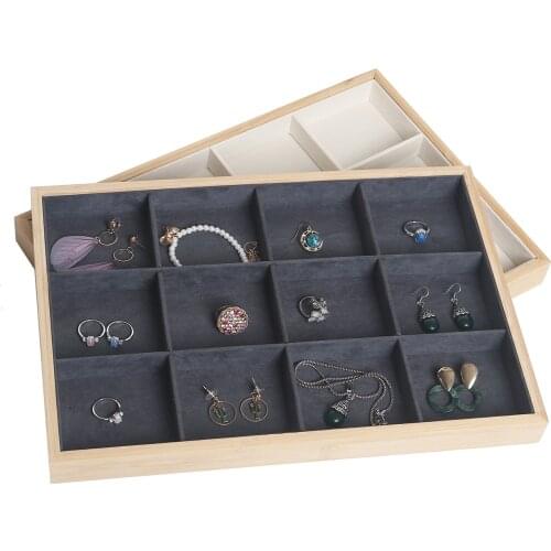 12 Grids Bamboo Velvet Jewelry Display Tray Ring Earring Necklace Bracelet Pendant Organizer Storage Display Tray For Drawer