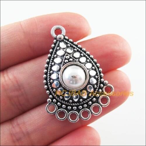 Fashion 6Pcs New Teardrop Charms Tibetan Silver Tone Retro White Acrylic Connectors 25.5x36mm