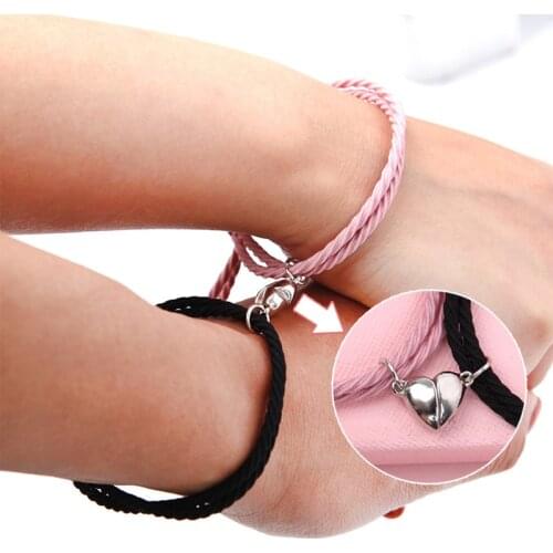 2Pcs Couple Minimalist Heart Lovers Matching Friendship Bracelet Rope Braided Magnetic Distance Bracelet Kit Lover Jewelry
