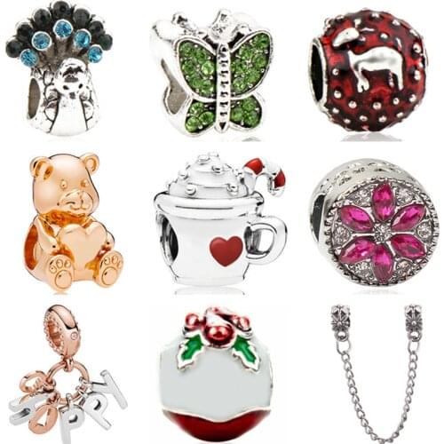 Low Price Silver Color Shell Bag Cat Smile Bear Butterfly Crystal Beads Charms Fit Pandora Bracelets & Bangles for Women DIY