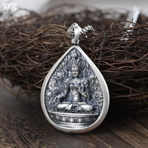 BOCAI New Pure s990 Silver Retro Buddhist Green Tara Buddha Statue Can be Opened 2021 Trend Good Luck Mens and Womens Pendant