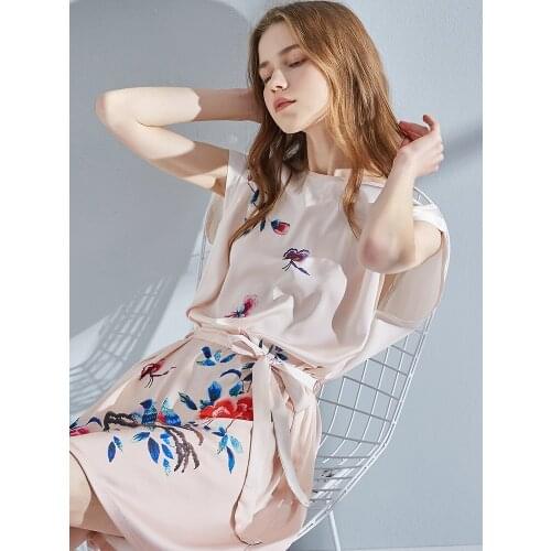 2021 New Summer Satin Nightgown Women Sleepwear Ice-silk Robe Femme Nuisette Night Dress With Sashes Print Flowers Nightwear