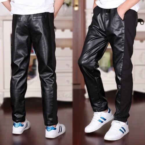 4-18T Boys Leather Pants 2019 New Children Boy Casual Patchwork Fashion Elastic Waist Boys Pants Black High Quality