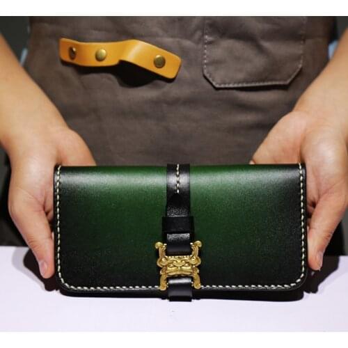 Manual Staining Cow Leather Hand-made Wallets Bag Purses Women Men Long Clutch Vegetable Tanned Leather Personal Tailor Wallets