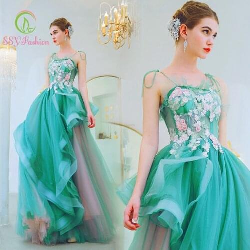SSYfashion Strap Sleeveless Appliques Floor Length Long Irregular Green Evening Dress Party Banquet Formal Gown Vestidos De