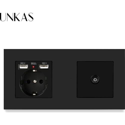 UNKAS Black Plastic Panel EU Standard Electric Socket with 2 USB + Female TV Connector 172*86mm Enchufe Pared USB