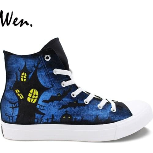 Wen Custom Design Hand Painted Shoes Halloween Holiday Black High Top Canvas Sneakers Men Womens Athletic Shoes Skateboard