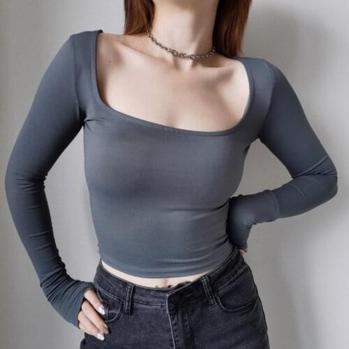 WOMENGAGA New Style Bottoming Shirt Long-sleeved T-shirt Women Short Slim-fit Square Collar Solid Casual Top SJJ5